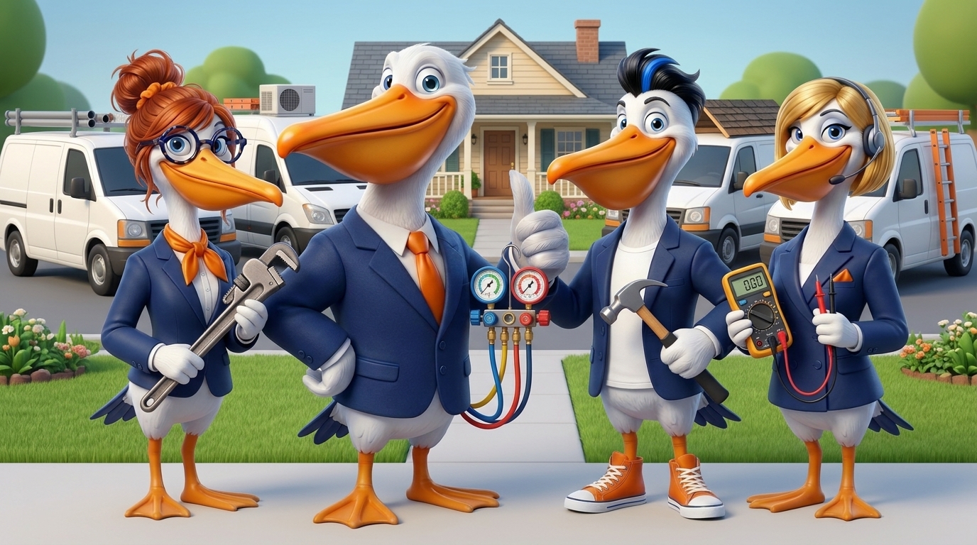 The Selican family with plumbing, HVAC, roofing and electrical tools in front of work vans
