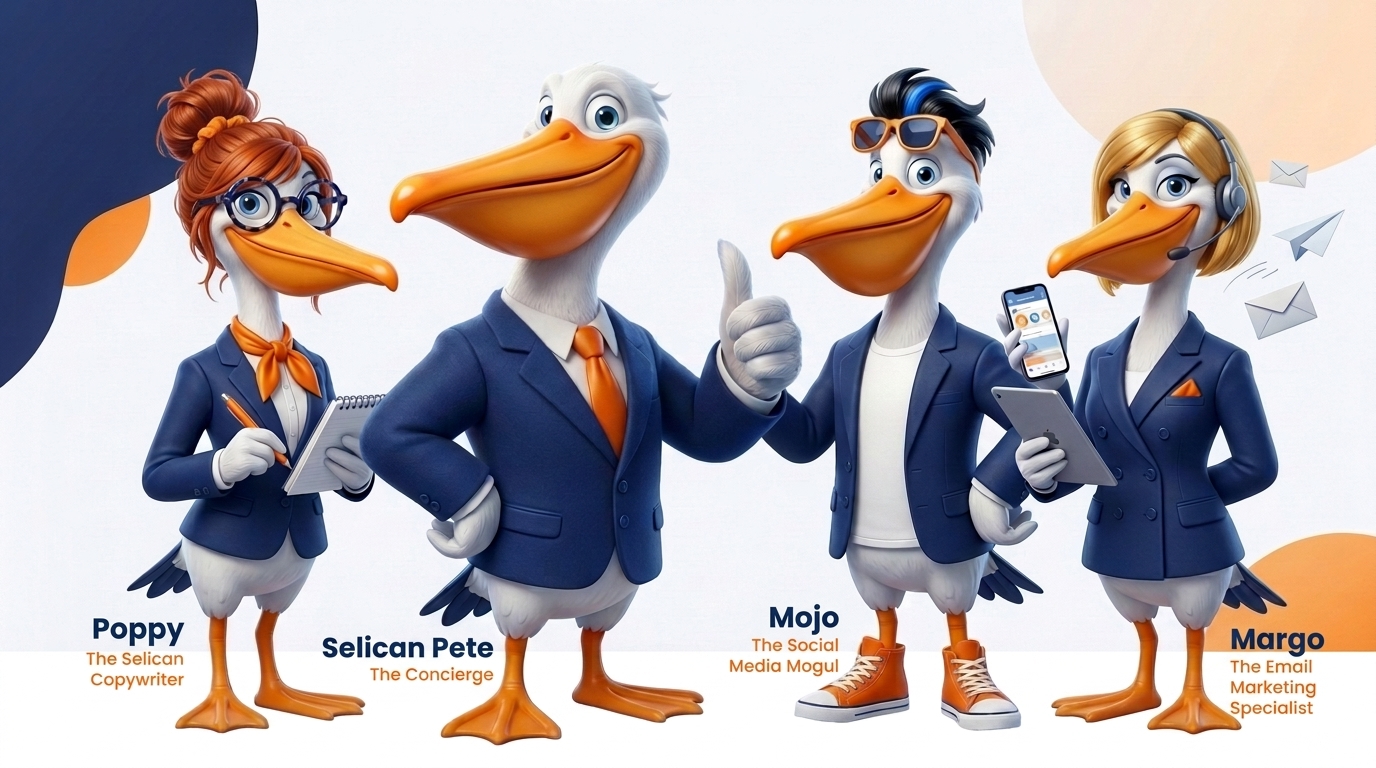 Family photo labeled Poppy the Selican Copywriter, Selican Pete the Concierge, Mojo the Social Media Mogul and Margo the Email Marketing Specialist