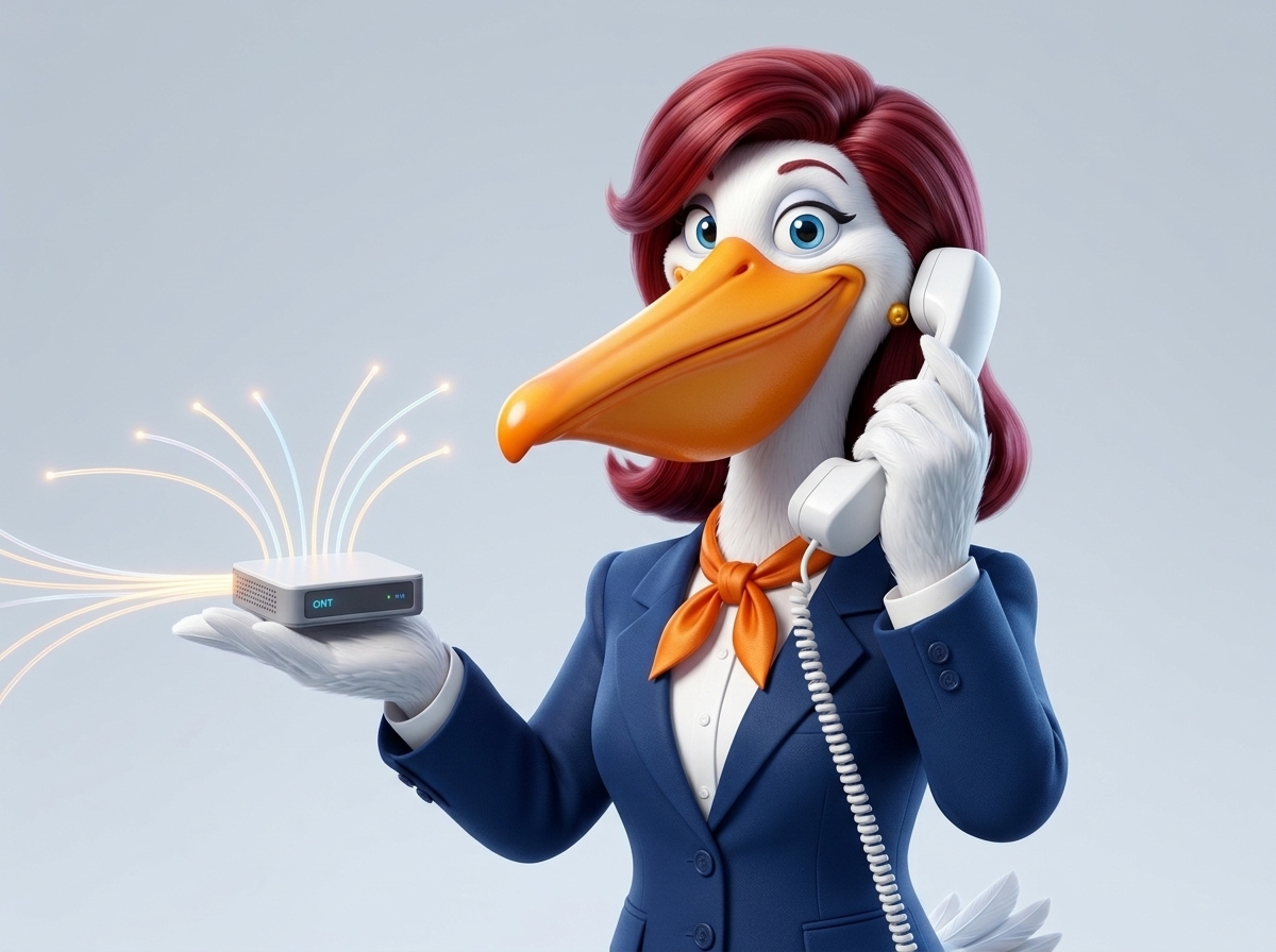 Gabby the Communications Selican holding a desk phone with a fiber internet router