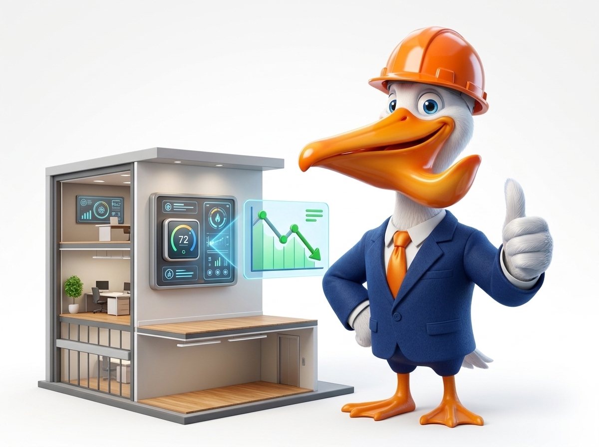 Selican Pete the Concierge in a hard hat beside a commercial energy management control panel