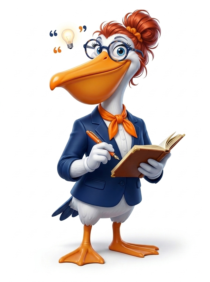 Poppy the Selican Copywriter with her notebook and orange pen